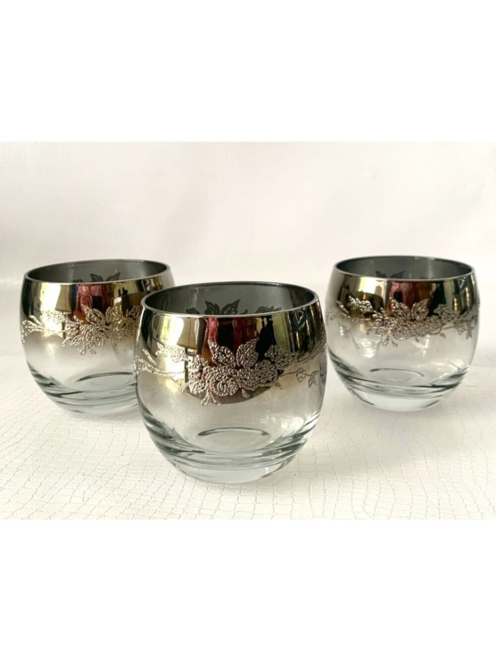 6 Mid-Century Modern Queen's Lusterware  Silver Rim Glasses Roly Poly - Picture 2 of 5